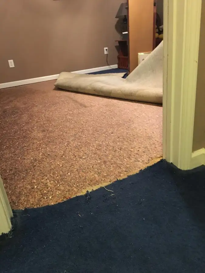 Carpet pad removal revealing water damage during Drying & Dehumidification in Canyon Lake